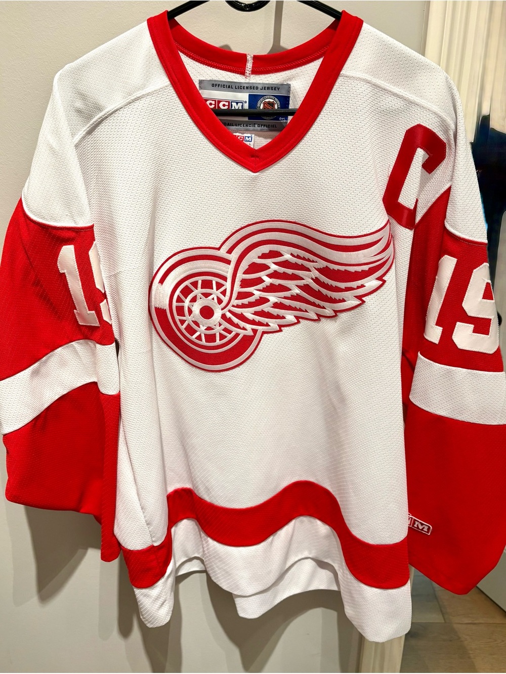 CCM White and Red Detroit Winged Wheel Hockey Jersey